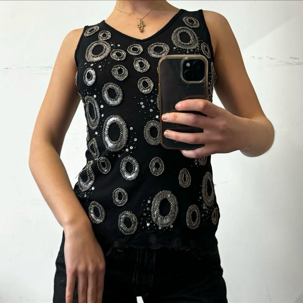 Vintage Black and Silver Sequin Circle Embellished Rockstar Party Women's Top